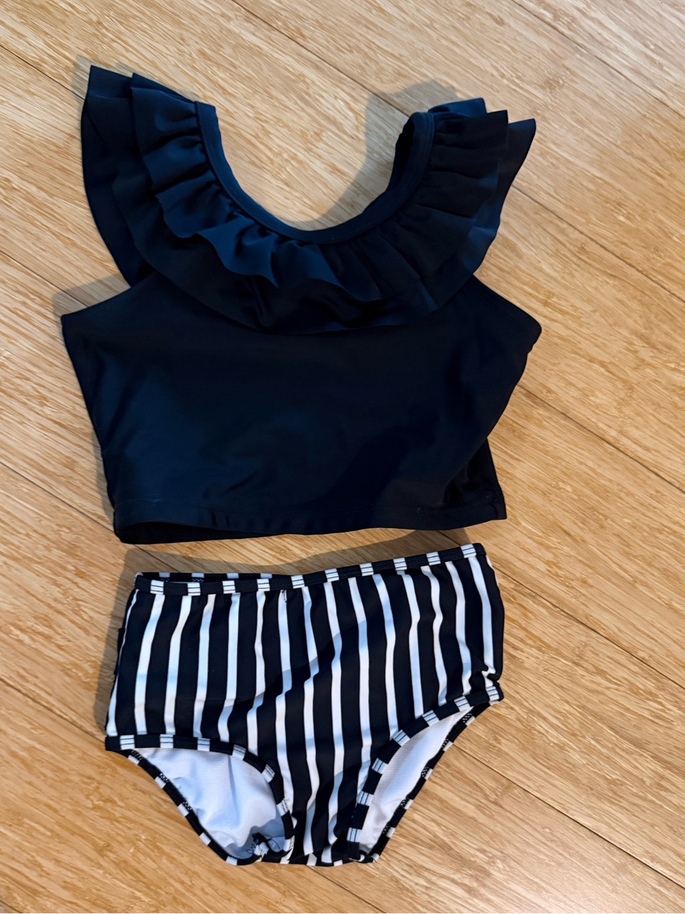 Ruffle Butts Black Crop Top & Black-White Striped High-Waist Bottoms Swim Set